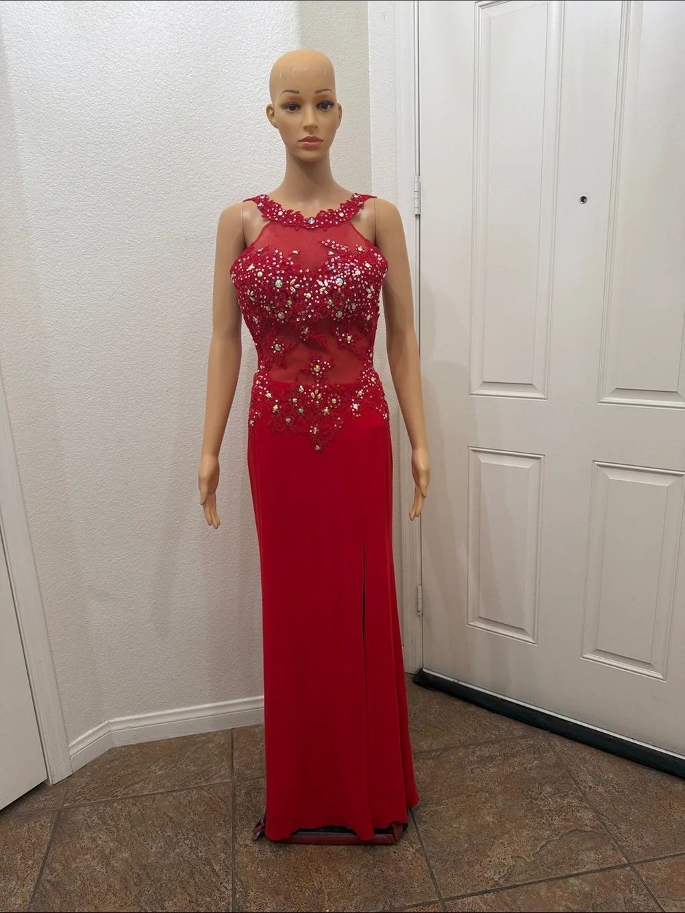 Dancing Queen Small Red Rhinestone Beaded Sheer Bodice Backless Prom Dress